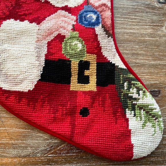 WOOL NEEDLEPOINT CHRISTMAS SANTA STOCKING WITH RED VELVET BACKING - Picture 3 of 5